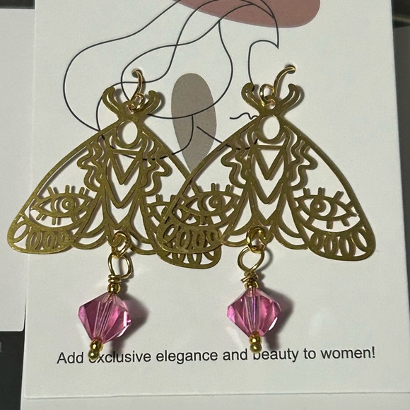 Boho Moth Earrings with Pink Swarovski Crystals - Picture 3 of 8